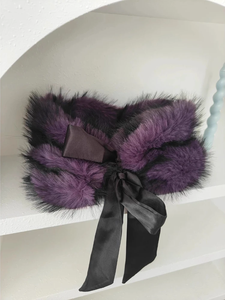 Women Winter Faux Fur Scarf Grape Purple Thick Warm Neck Warmer w/ Large Fur Collar & Ribbon Bow Cozy Neckwear for Cold Weather