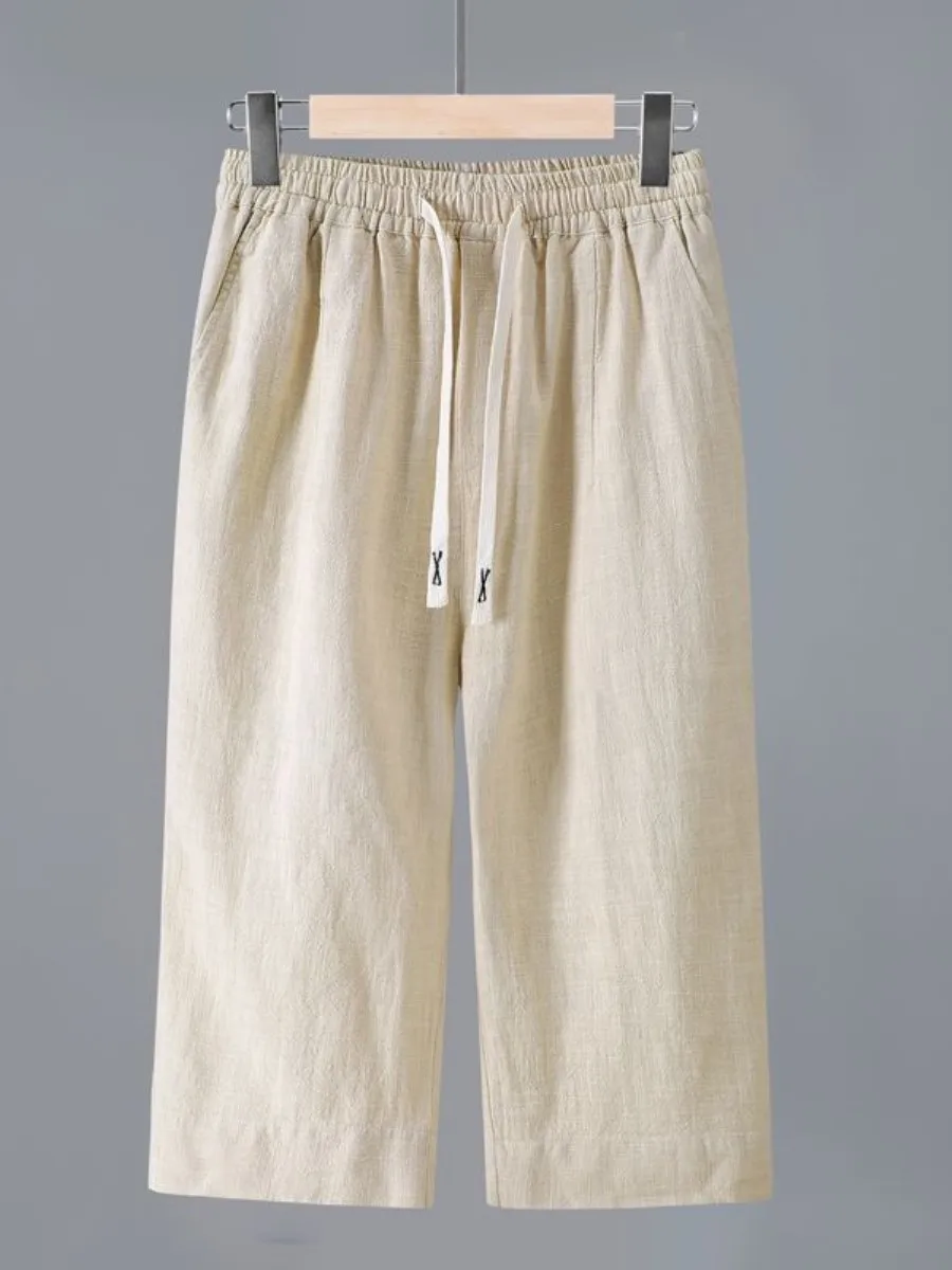 High-End Pure Color Linen Men's Knee-Length Seven-Foot Pants Summer Breathable Cotton-Linen Fabric Mid-Trouser Shorts