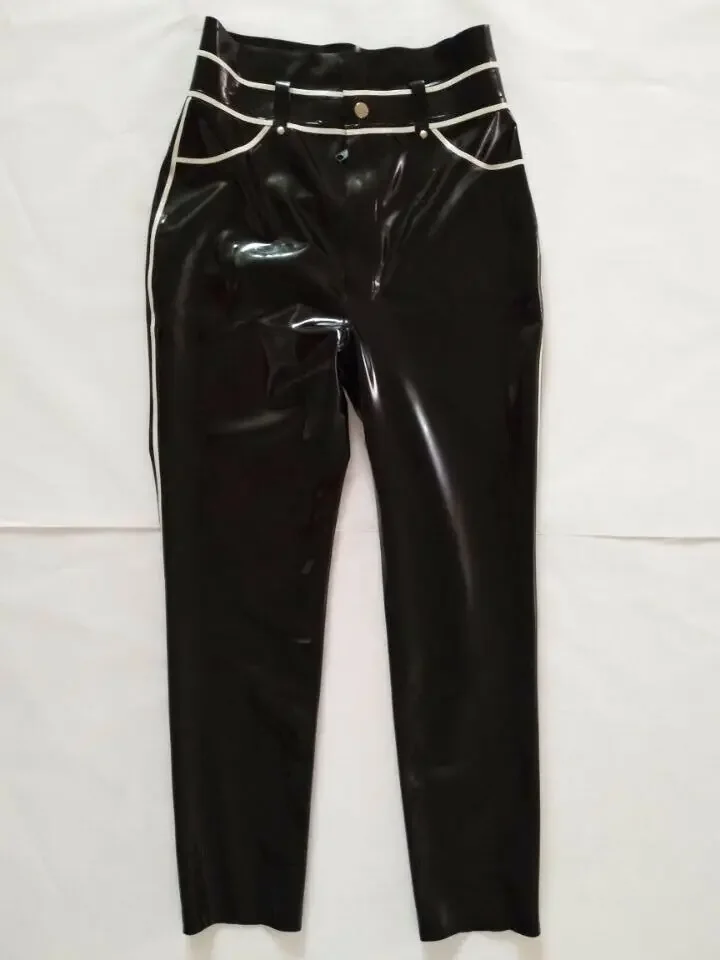 100% Pure Latex Rubber Black&White Pants Trouser Tight Hose Zipper 0.4mm