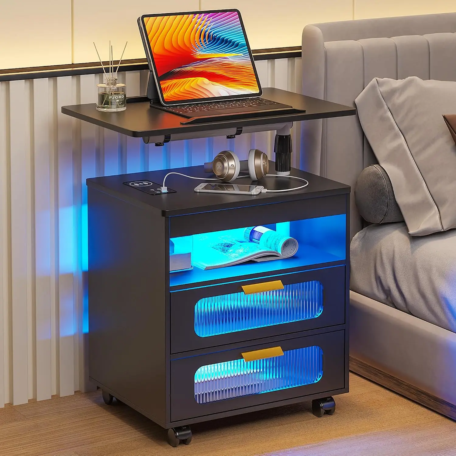 LED Nightstand Wireless Charging RGB Lights Adjustable Rotary Bed Side Table End Table Living Room Bedroom, Customized
