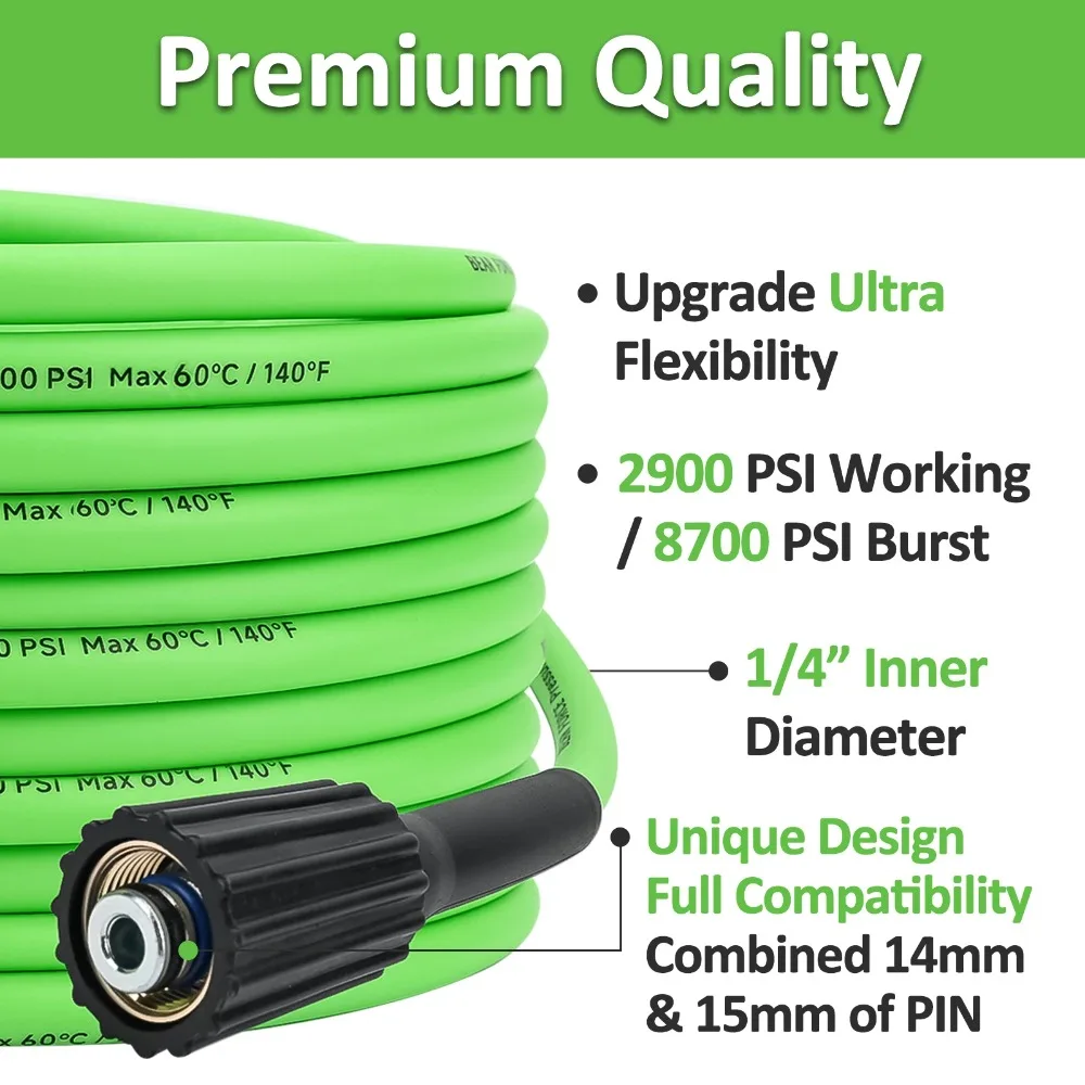 Soft Flexible High Pressure Washer Water Hose with M22-14/ 15mm Brass Fitting 1/4