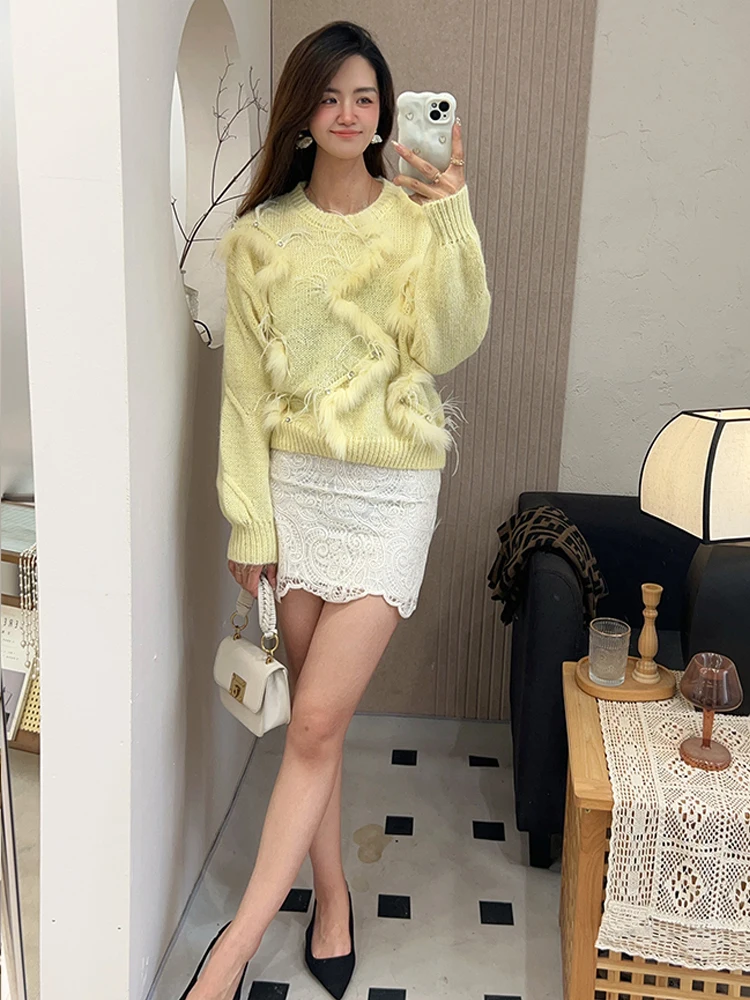 Nowa Moda Damska Jesienna Kurtka Sweter Płaszcz z Prawdziwego Futra Lisa Dzianina Długi Rękaw Dekolt O-Neck Odzież Uliczna Okrycie Wierzchnie