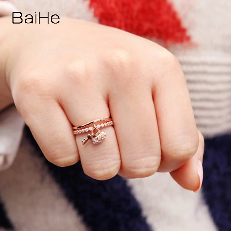 BAIHE Solid 14K Rose Gold H/SI Natural Diamond Key Lock Ring Women Trendy Party Fine Jewelry Making Кольцо Nyckellåsring anillo