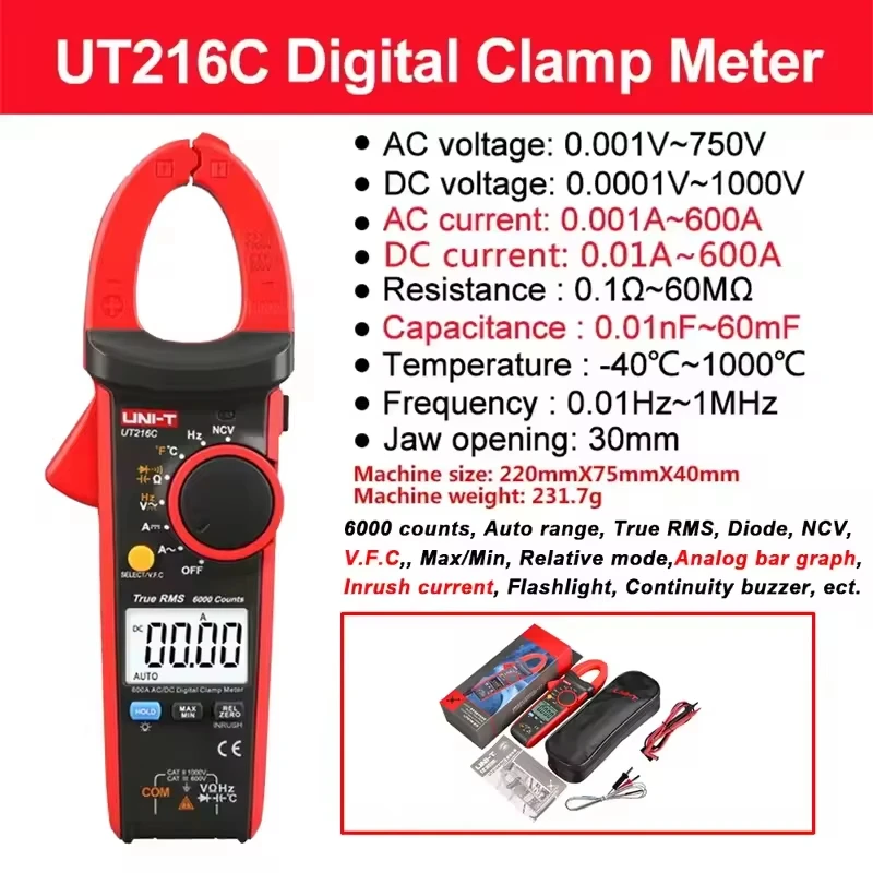 UNI-T UT216C 600A True RMS Digital Clamp Meter AC DC Current Auto Range Multimeter NCV Non-Contact Voltage Testing UT216A UT216 - view 6