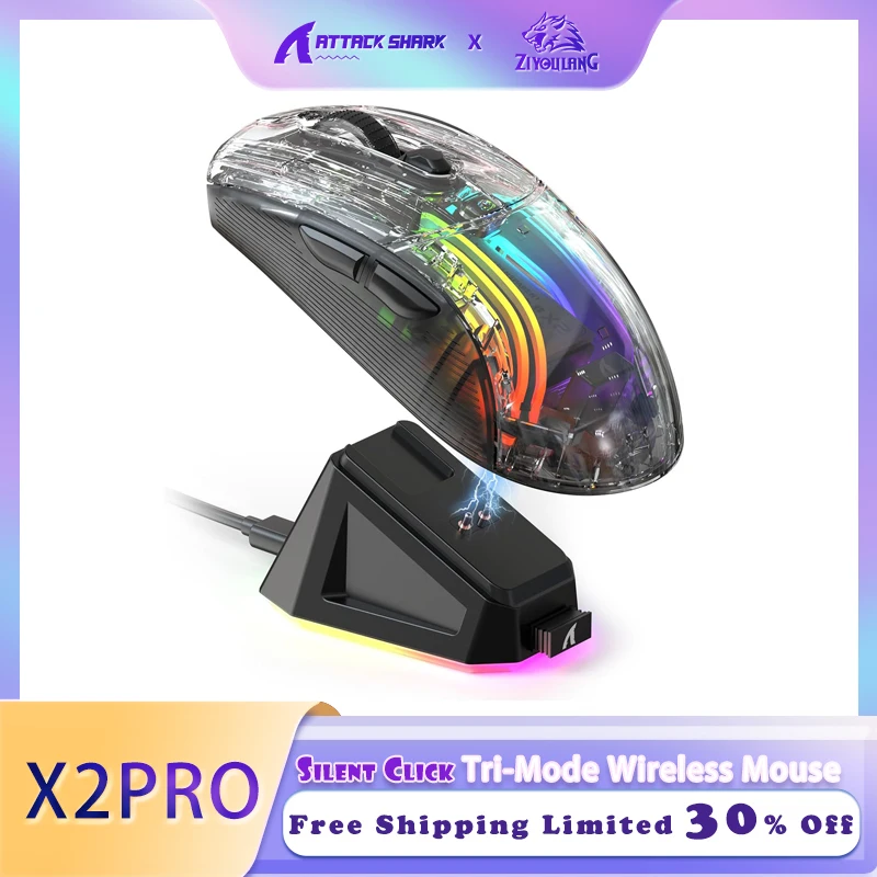 

ZIYOULANG & ATTACK SHARK X2 Pro Wireless Gaming Mouse with RGB Charging Dock,Tri-Mode Noiseless Mouse RGB Backlit 4000 DPI