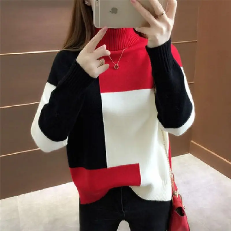 New Knitting Contrast Vintage Pullovers Top Autumn Winter Long Sleeve All-match Casual Sweaters Fashion Elegant Women Clothing