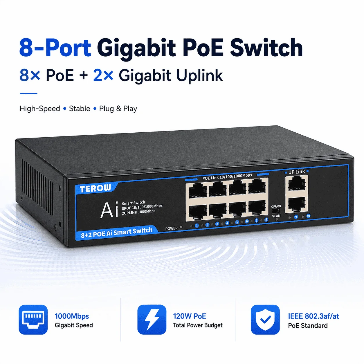8 Port Gigabit PoE Switch with 2 Gigabit Uplink Ports 120W IEEE 802.3af/at VLAN 10/100/1000Mbps Ethernet Network Switch for IP C