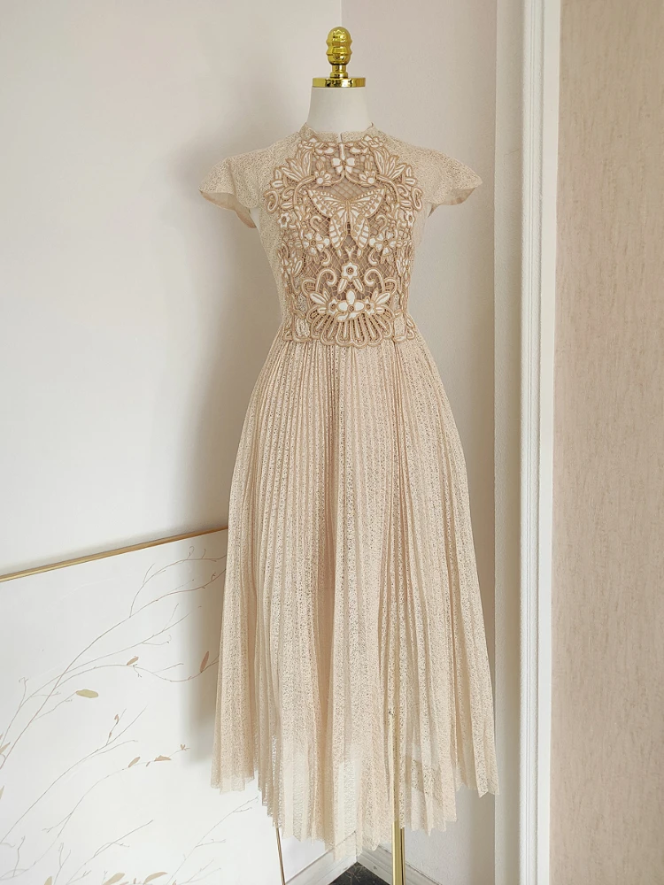 Champagne Color Butterfly Embroidered Vintage Evening Dress Flying Sleeve Mid-Calf Elegant Women Long Pleated Dress O-Neck