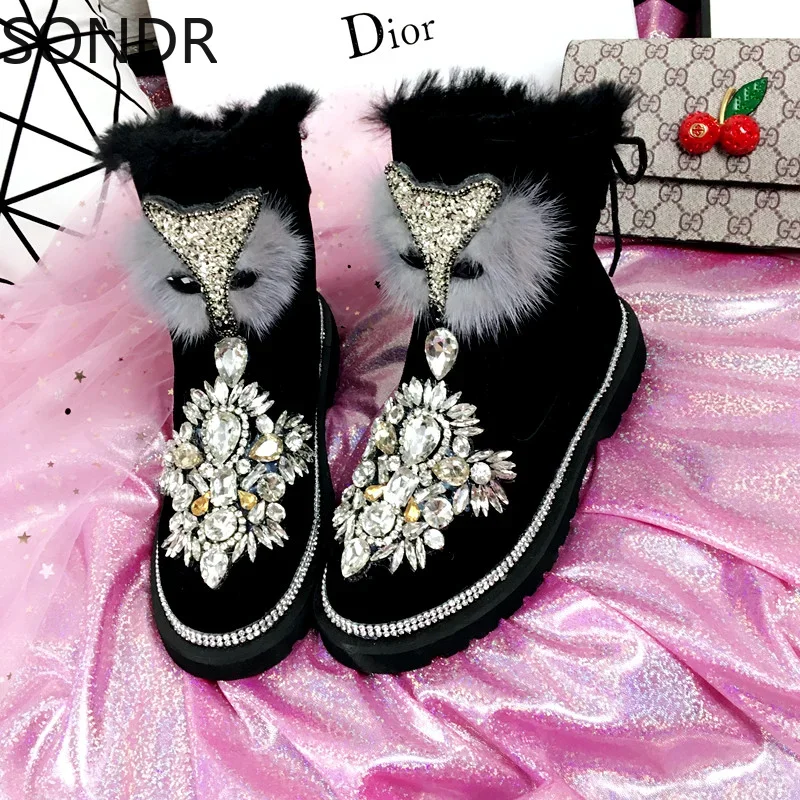 Womens Ankle Boots Rhinestones Crystal Fur Fox Decor Diamond Bling Genuine Leather Flat Warm Snow Thick Winter Black Shoes C881