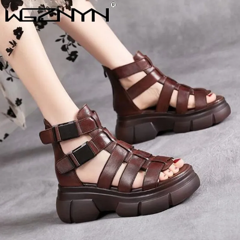 Handmade Genuine PU Leather Retro Shoes Women Sandals 2022 New Ankle Boots Summer Handmade Hollow-out Casual Platform Sandals