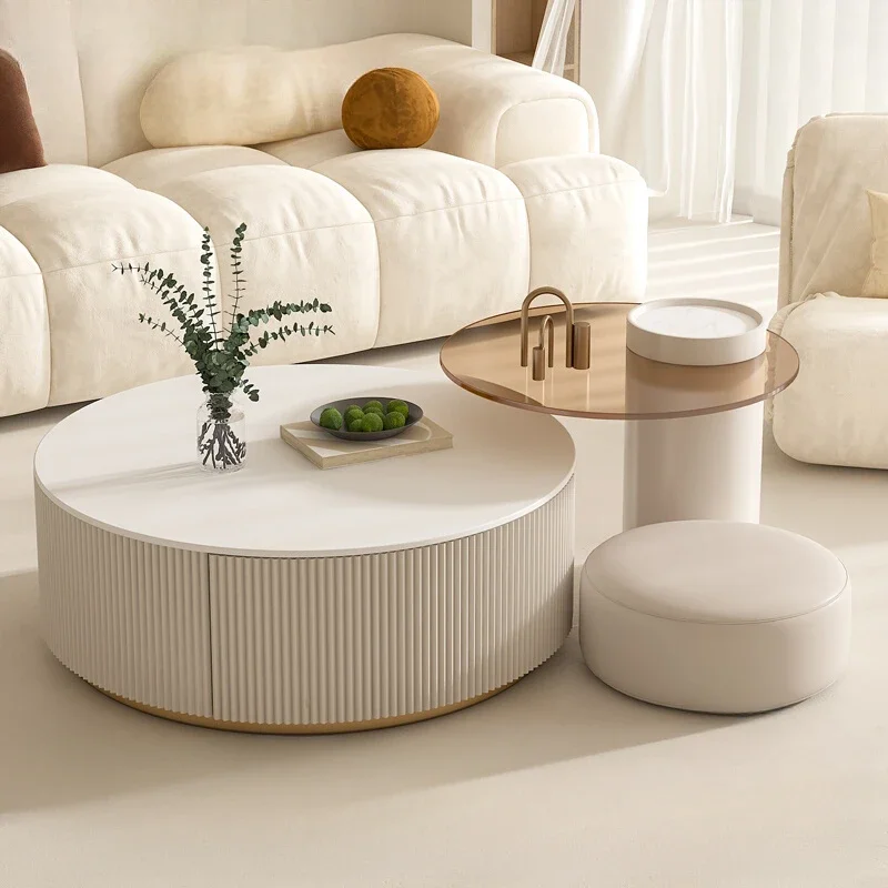 Cream Wind Rock Board Coffee Table Living Room Household Small Apartment Light Luxury Round Coffee Table Combination