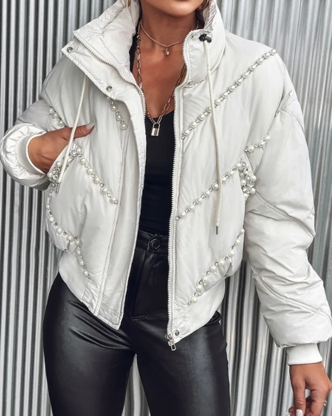 

Quilted Jacket Woman 2023 Autumn Winter Stand Collar Beaded Pocket Zipper Design Casual Long Sleeve Daily Quilted Puffer Coat