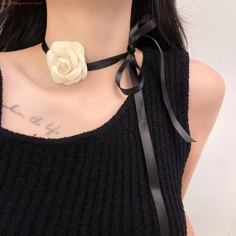G92D White Flower Collar Bowknot Necklace Chain Temperament Polyester Ribbon Necklace Choker for Women Festival Jewelry