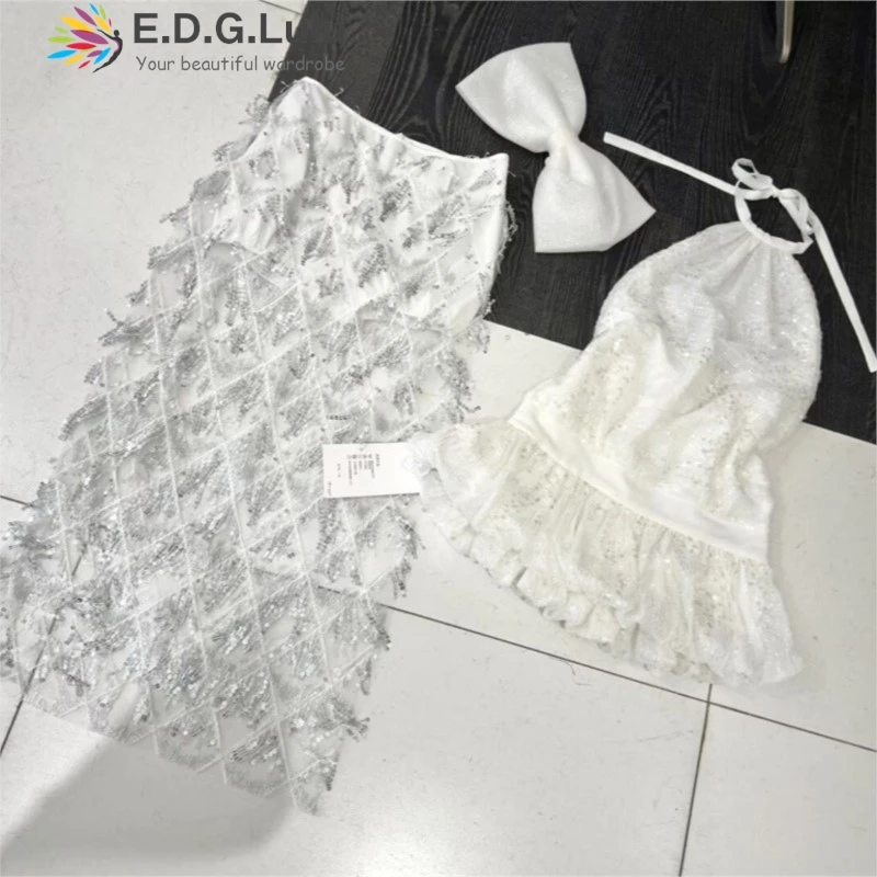 EDGLuLu Luxury Birthday Set Sexy Halter Sequined Top+Tassel Mesh Bead Back Slit Skirt+Big Bow Tie 3 Piece Set Suit 0319
