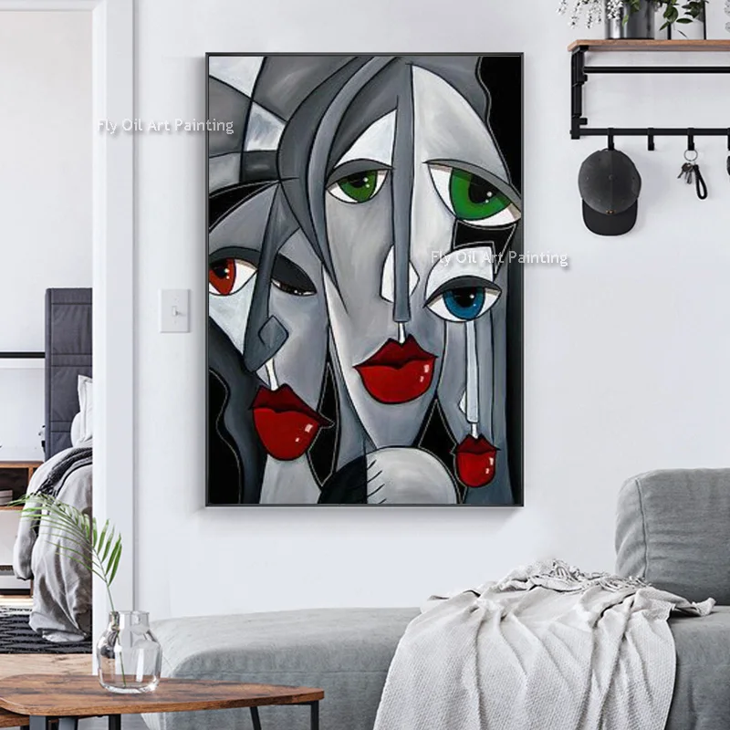 Hand Drawn Red And Blue Gray Green Face Canvas Wall Art Coloful Abtract Face Picasso Art Oil Painting For LIving Room Decor