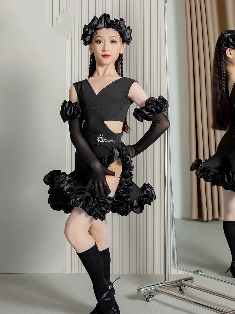 Children Latin Dance Dress Black Lace Practice Clothes Chacha Rumba Tango For Girls Latin Dance Performance Costumes DN17790