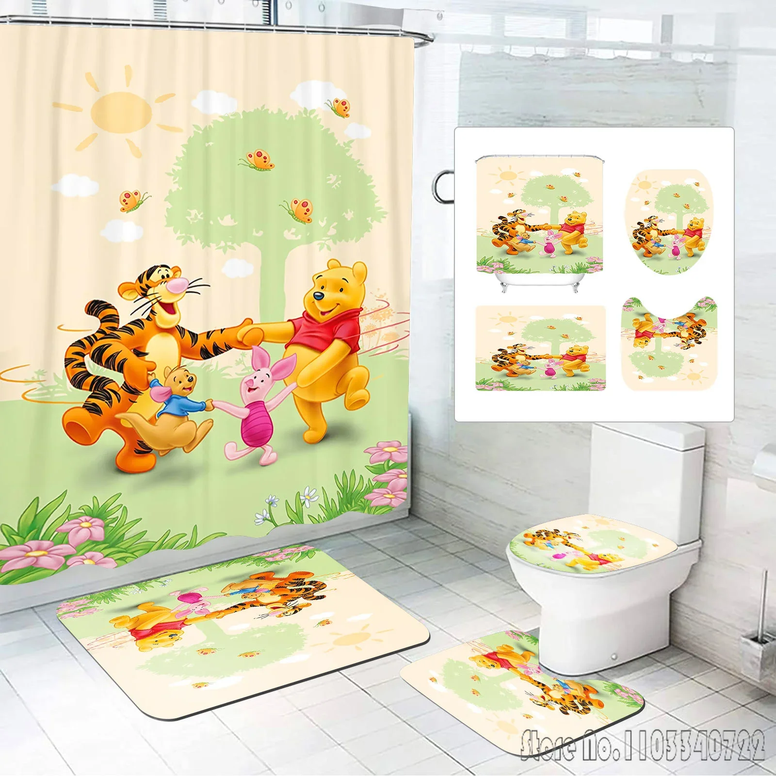 Disney Winnie Bear the Pooh Boys Cartoon Bath Shower Curtain Set 4pcs with Hooks Waterproof Bathroom Toilet Mat Lid Decor