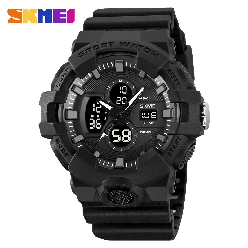 SKMEI Reloj Hombre Reloj electrónico digital para deportes al aire libre para Hombre Reloj de pantalla dual Reloj electrónico resistente al agua para Hombre Negro