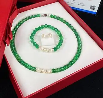 

8MM jade Freshwater pearl Necklace pendant bracelet earring set accessories 925 silver Clasp Jewellery