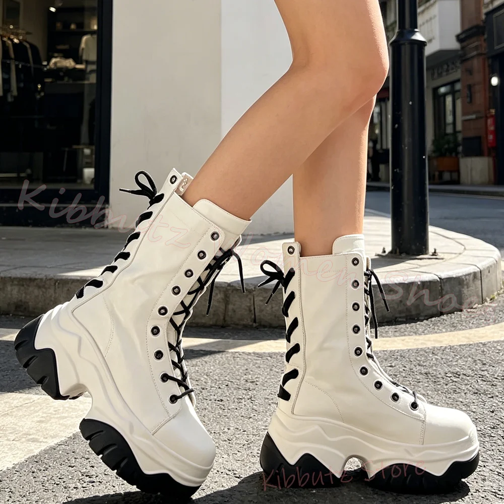 Ankle Boots Platform Leather Mixed Color Round Toe Studded Side Zipper Lace Up Durable Fashion Women Shoes Elegant Concise New