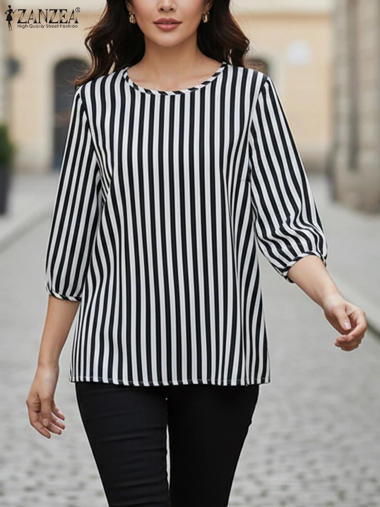 Stylowa bluzka damska ZANZEA 2026 wiosna-lato, koszula w paski, codzienna bluzka z okrągłym dekoltem, rękaw 3/4, bluzki damskie, luźna koszula do pracy w stylu OL.