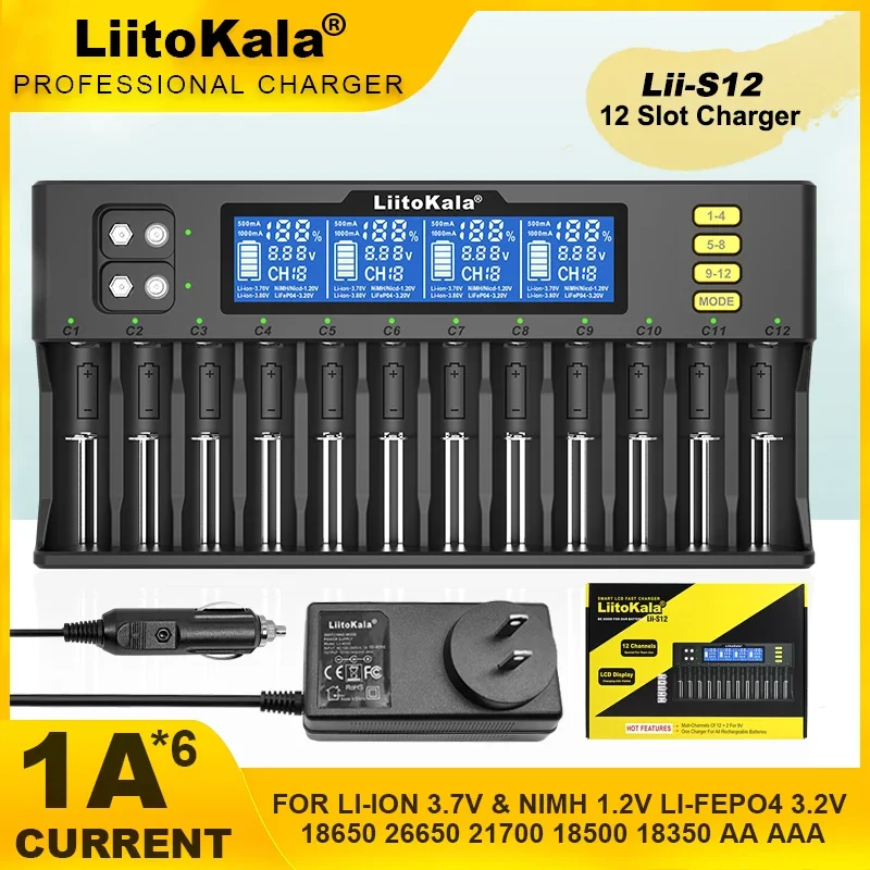 Liitokala-バッテリー充電器,Lii-S12, Lii-S8, 18650,リチウムイオン3.7v,nimh,1.2v,Li-FePO4, 3.2v,imr,3.8v,26650, 21700, 26700, 18350, 9v