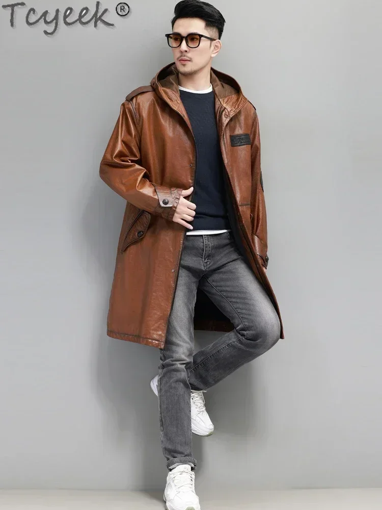 Tcyeek Oil Wax Genuine Leather Jacket Men Luxury Business Mens Coats Mid-length Trench Coat Hooded Sheepskin Loose Cargo Coats