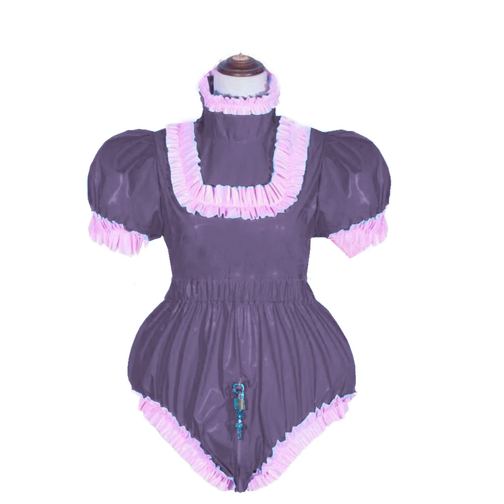 بدلة للجسم سيسي قابلة للقفل بأكمام قصيرة منتفخة من مادة PVC للبالغين زي خادمة فرنسية وسحاب خلفي إلى المنشعب بياقة مدورة متقاطعة 7XL #3