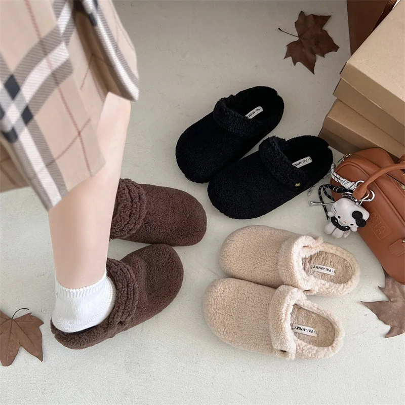 Gray Furry Women's Flat Shoes Winter Outdoor Wear Padded Bean Bean Shoes Slip-On Flats Korean Style Flat Heel Spring Autumn