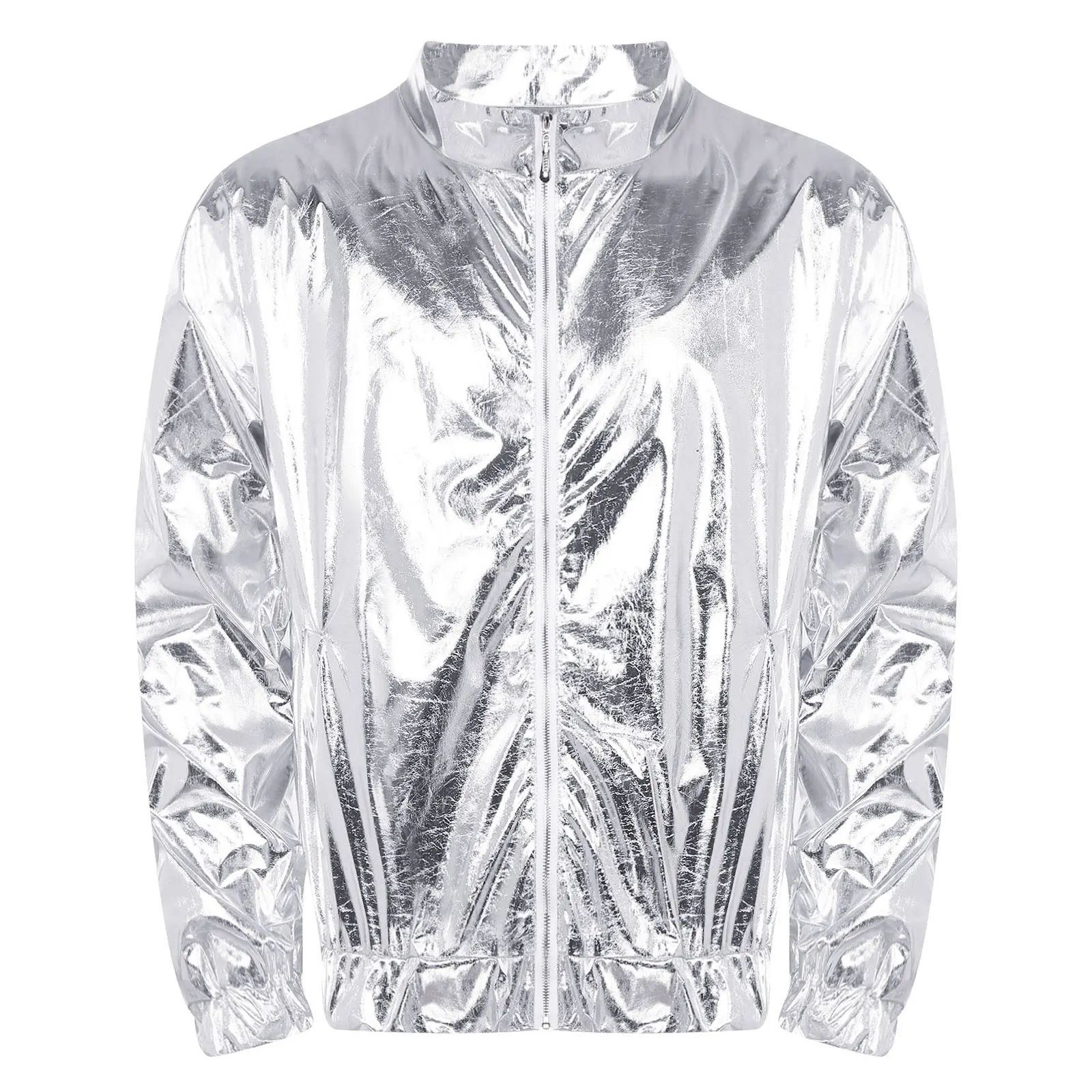 Shiny Men Metallic Long Sleeve Jacket Stage Performance Disco Dance Zipper Sweatshirt Outwear for Music Festival Club Party Wear