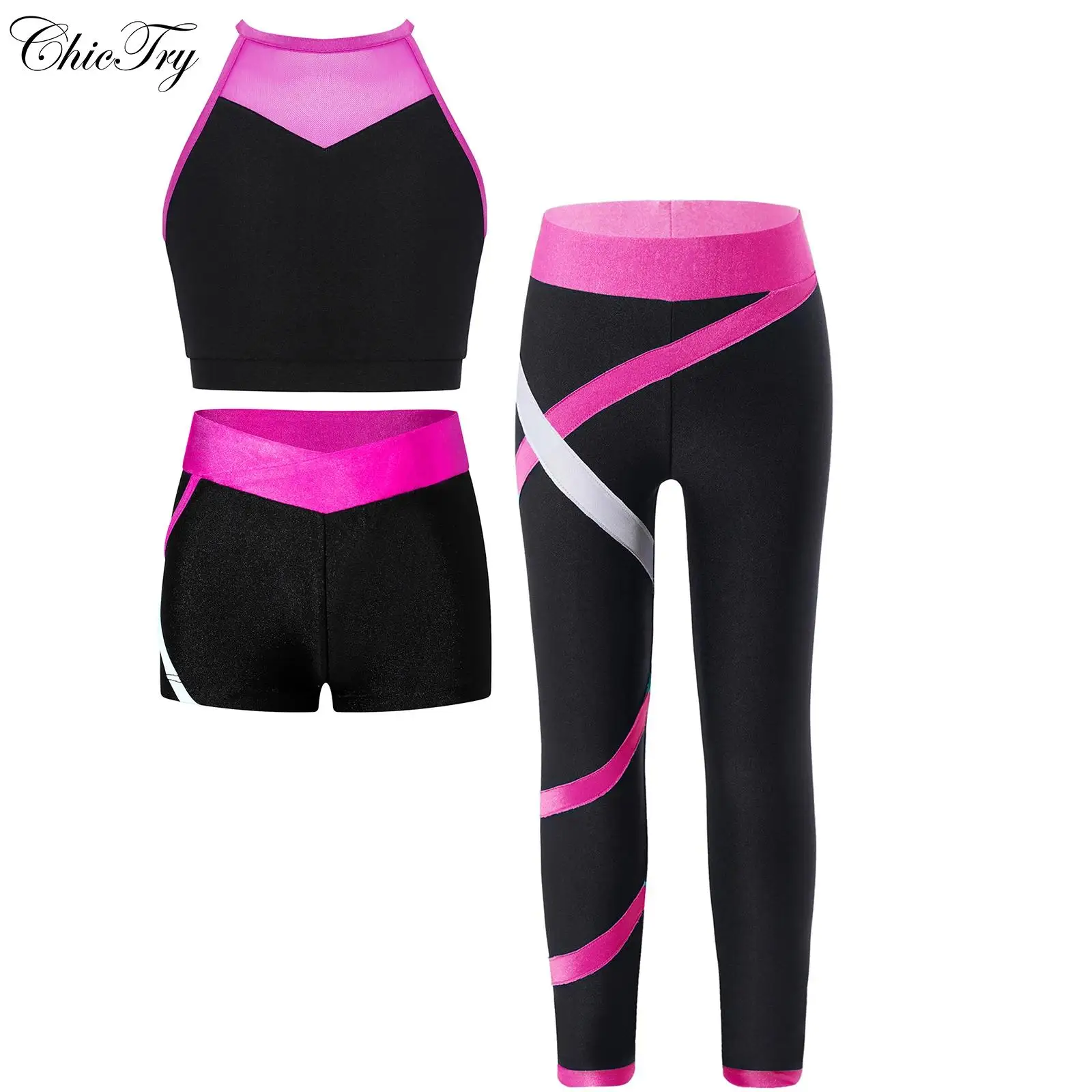 Kinderen Meisjes Balletdanssets Kleurblok Sportoutfits Uitgesneden rugvest met shorts en legging voor gymnastiektraining Hardlopen