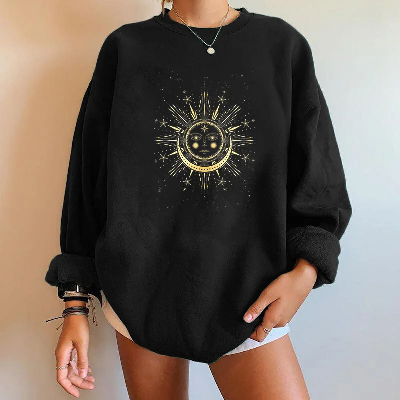 Seeyoushy Harajuku Funny Women Sweatshirts Moon and Sun Print Sweatshirt Pullovers Drop-shoulder Fall Tops Clothes Sudaderas Y2K