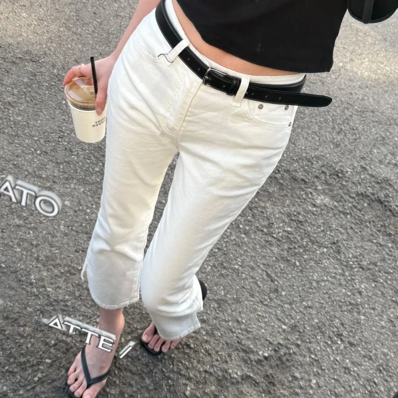 Nimo Home High Waist Bell Bottom Seven Inch Pants Double Sided Buckle Cotton Jeans Women's Summer Standard Fit No Stretch