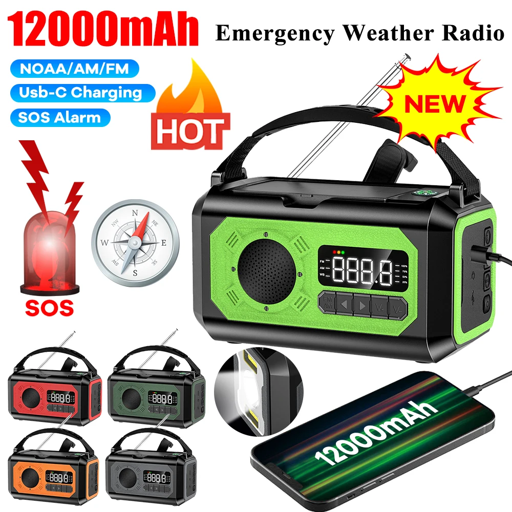 راديو الطوارئ المحمول AM/FM/NOAA بقدرة 12000 مللي أمبير في الساعة مع 2 لوحات شمسية راديو الطقس كرنك اليد مع مصباح يدوي للبقاء في الهواء الطلق