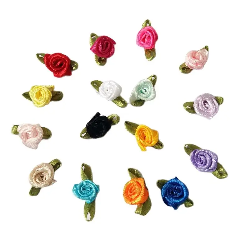 50/100pcs 2cm Children clothes Ribbon Rosettes Mixed Rose with Green Leaf for Craft Garment Accessories Scrapbooking Products