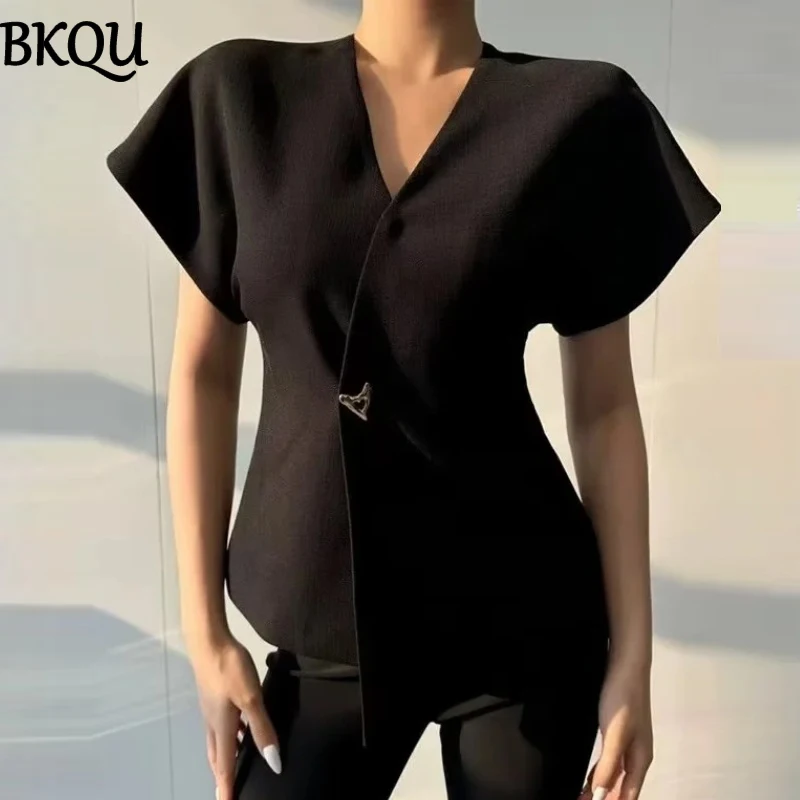 BKQU Elegant V-neck Shirts Women Short Sleeve One Button Chic Office Shirts Irregular Female Solid High Street Cardigan Top 2024