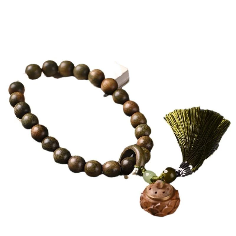 Natural Green Sandalwood 12mm Lotus Handheld Beaded Bracelet Sachet Running Ring Unisex Tassel Collectible Jewelry