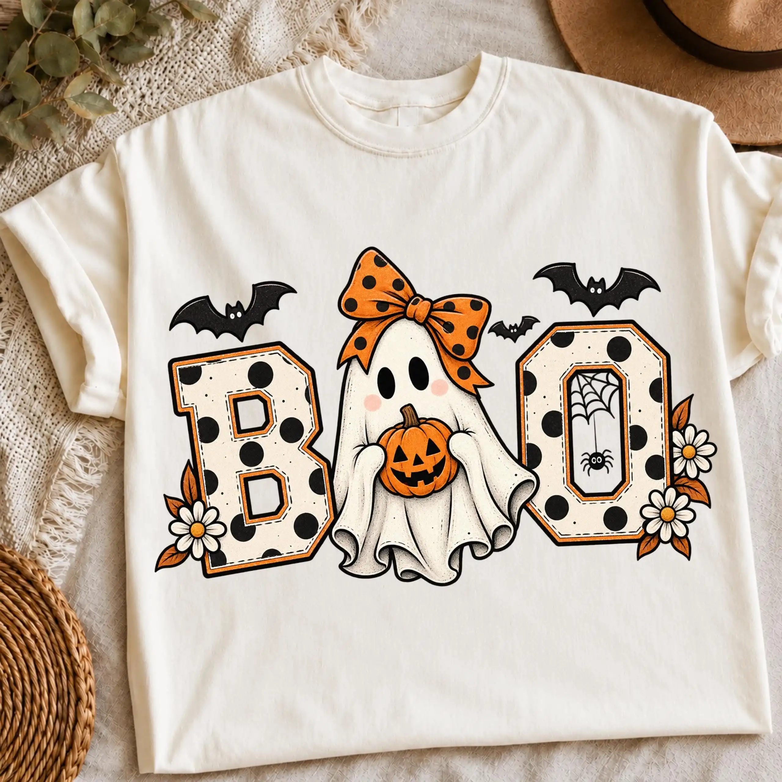 Polyester Blend Tee Spooky Ghost Bowknot Printed Tops Casual Shirt Halloween Leopard Camouflage Letters Outfits