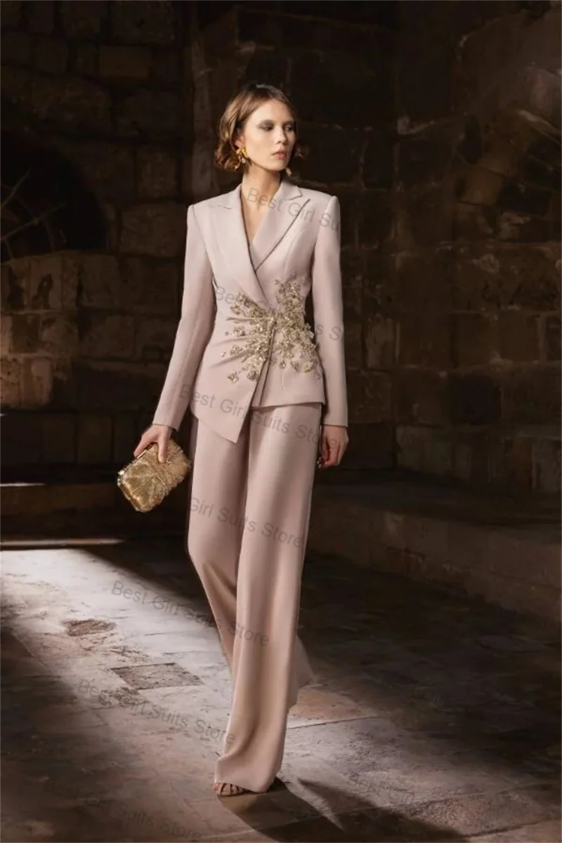 

Elegant Pink Women Suit Pants Set 2 Pcs Blazer+Trousers Appliqued Beaded Formal Office Lady Jacket Customized Wedding Prom Coat
