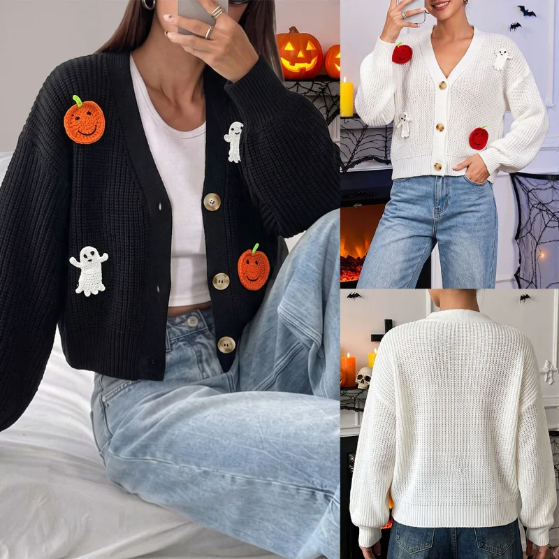 Halloween Sweater Autumn and Winter Women's Sweater Hand Hook Pumpkin Decoration Knitted Cardigan Short Casual Women's Coat
