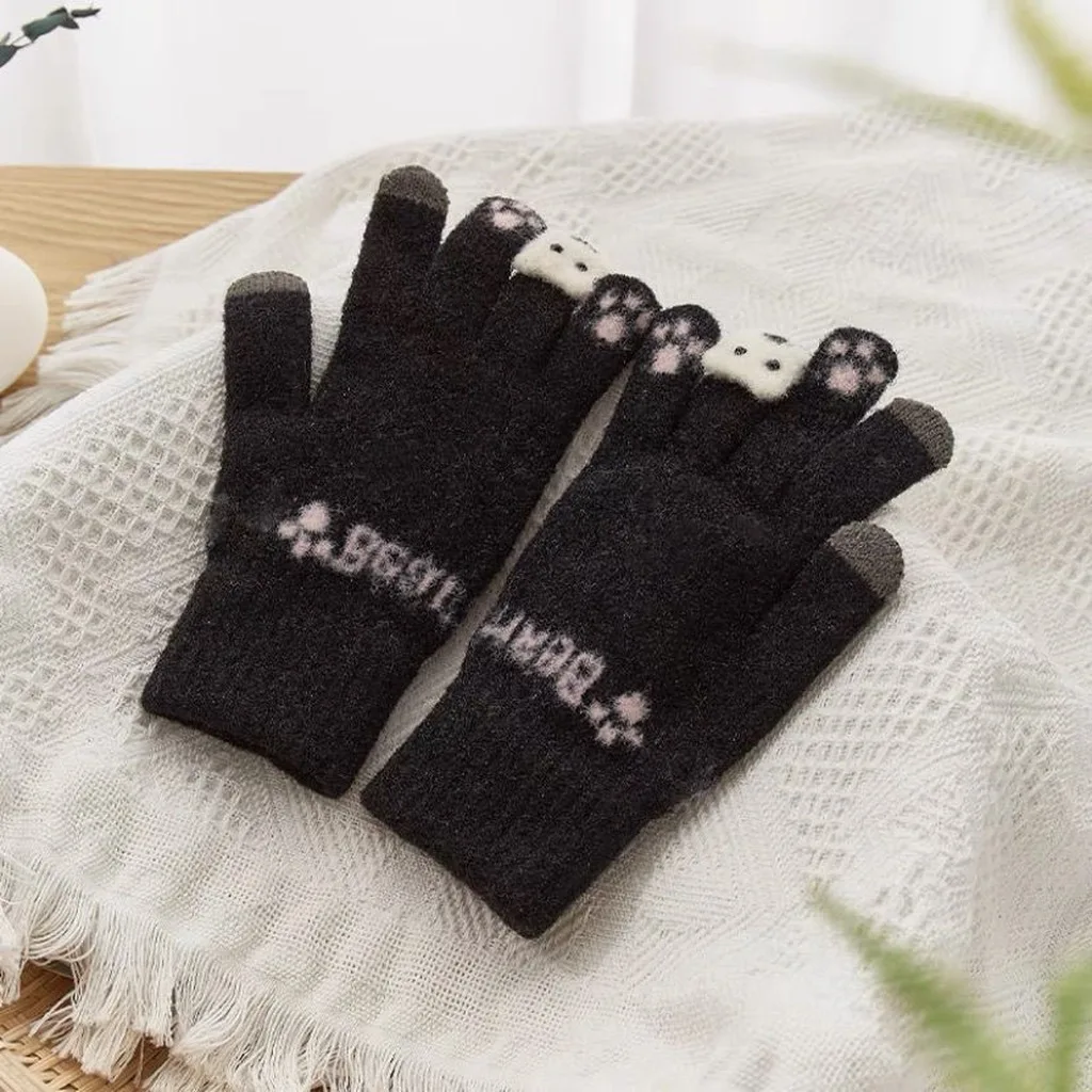 Knitted Fleece Gloves Fleece Winter Gloves Paw Print Gloves Warm For Walking Daily Commuting Short Trips