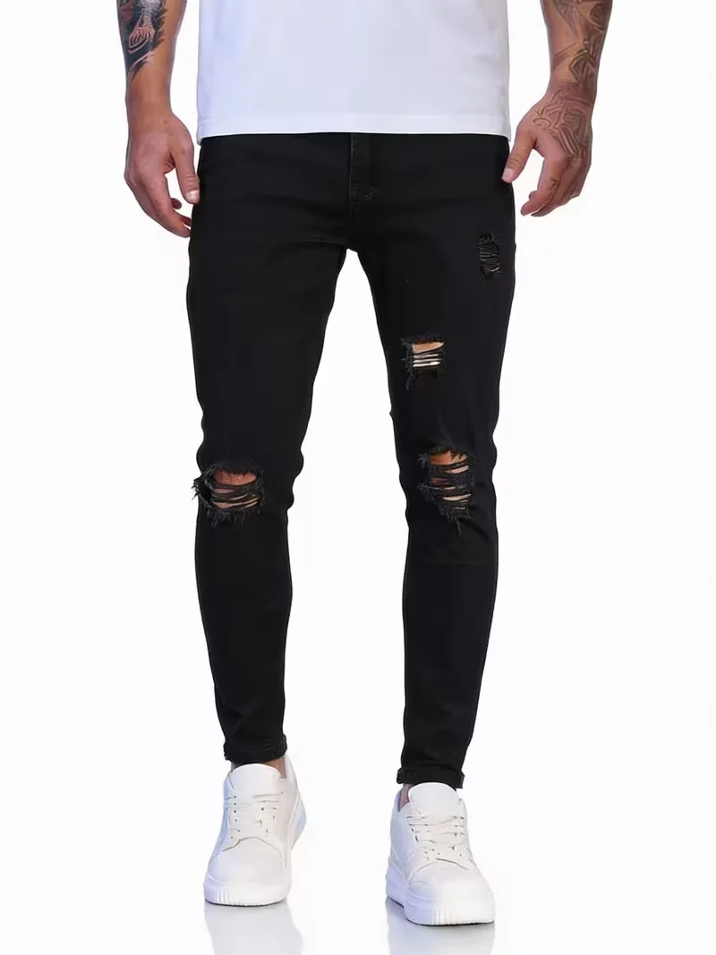 Men'S Black Skinny Ripped Jeans, Stretchy Fitted Denim Pants, Trendy Distressed Street Casual Trousers, Suitable for All Seasons