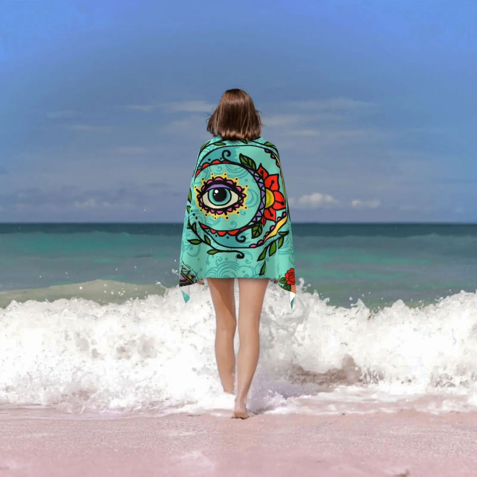 إله الشمس والقمر # 3: المدرسة القديمة الوشم منشفة حمام الشاطئ وسادة الفضاء كوزموس الشمس الله القمر موجة البحر سحابة السماء #6