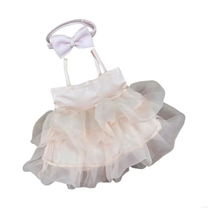 فستان H55B لحديثي الولادة مصنوع من البوليستر الناعم مع دعامة ربطة شعر على شكل فيونكة للاستوديو