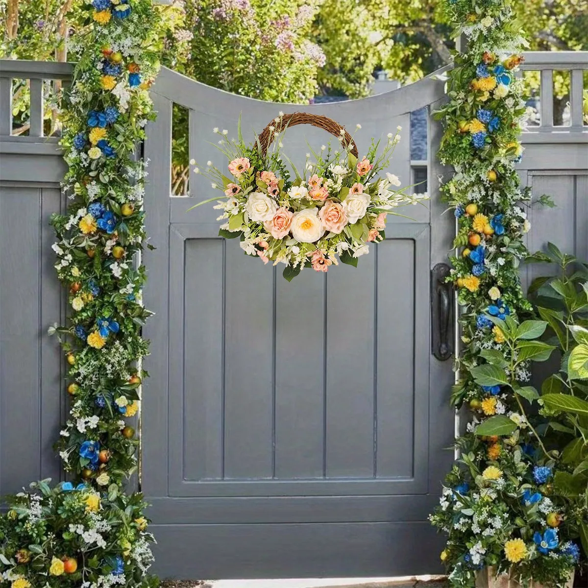 

Spring Rose Wreath for Front Door, Spring Summer Half Circle Wreath, Artificial Rose White Flower Green Leaves Door