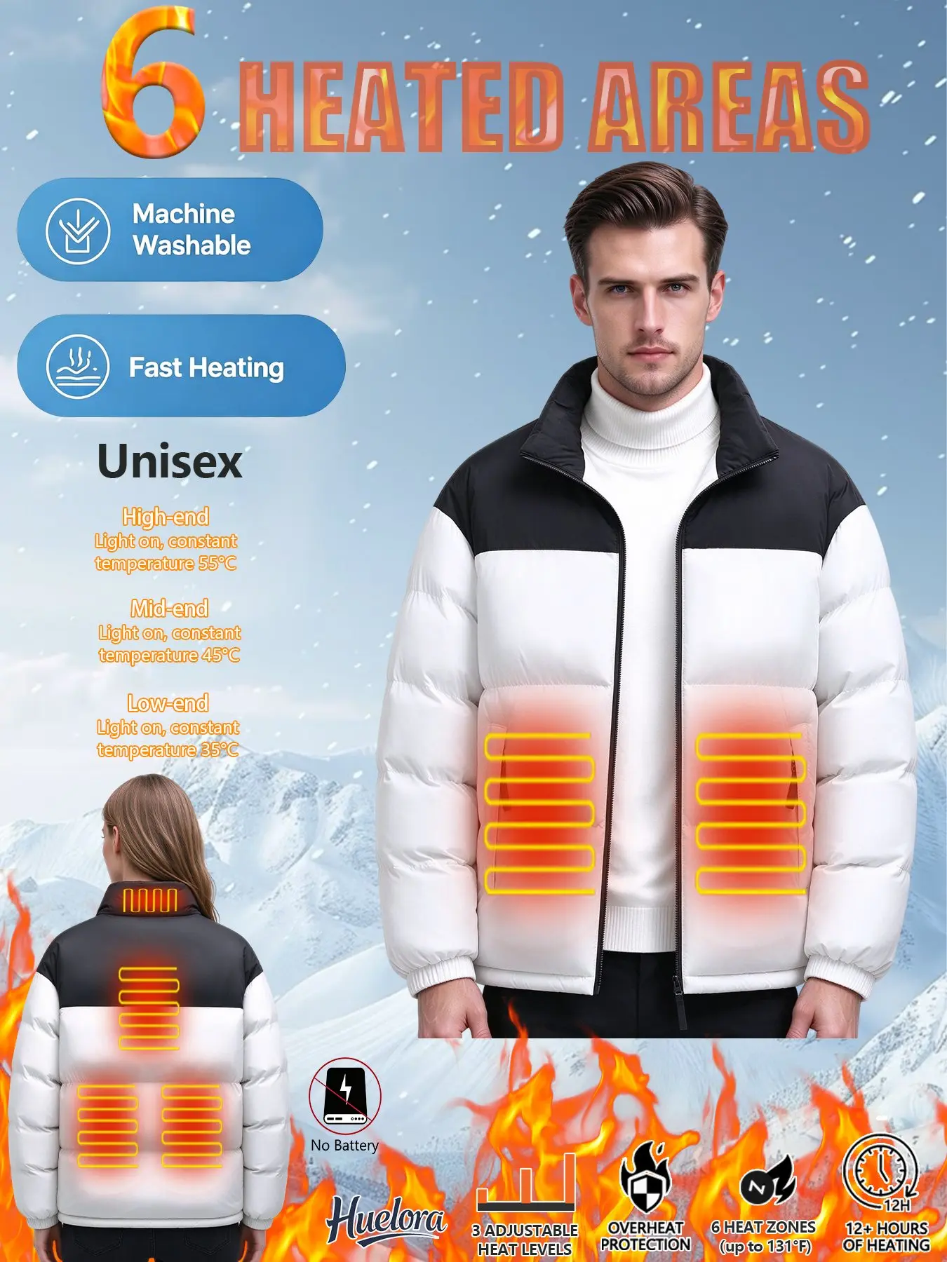 Men Women Color Block Heated Padded Jacket 6 Heating Zones Winter Warm Coat 3 Level Temp Control for Outdoor Camping Fishing