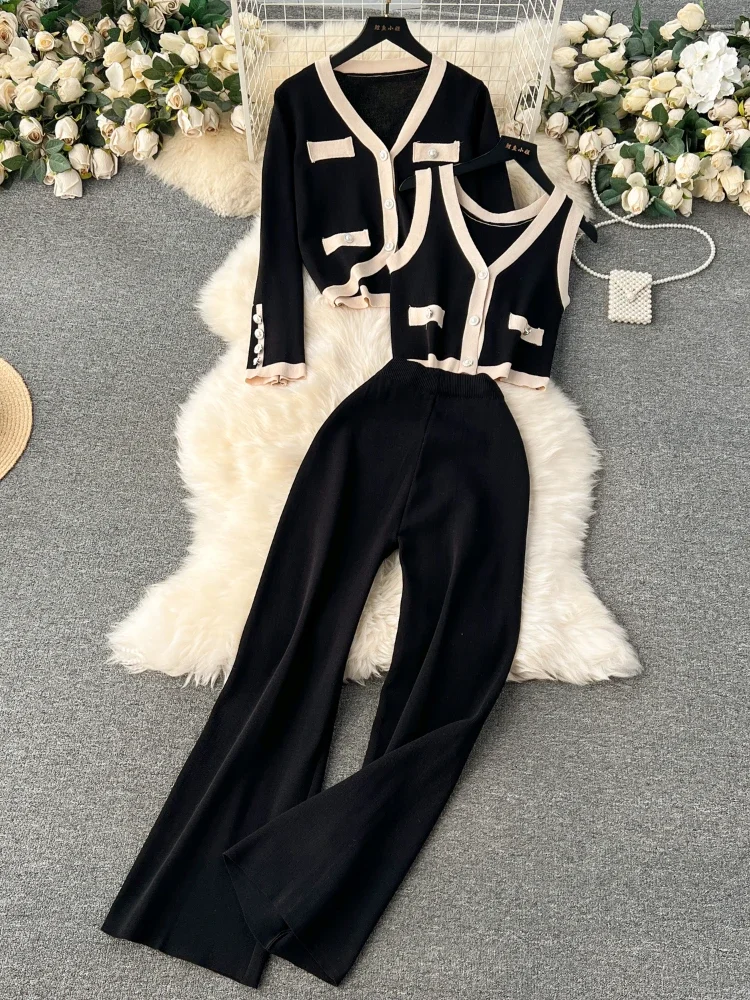 Autumn Thick Knitt 3 Piece Set Ladies Design Loose Cardiagsn+Knit Vest+Elastic Long Pants OL Office Style Fashion Sweater Suits