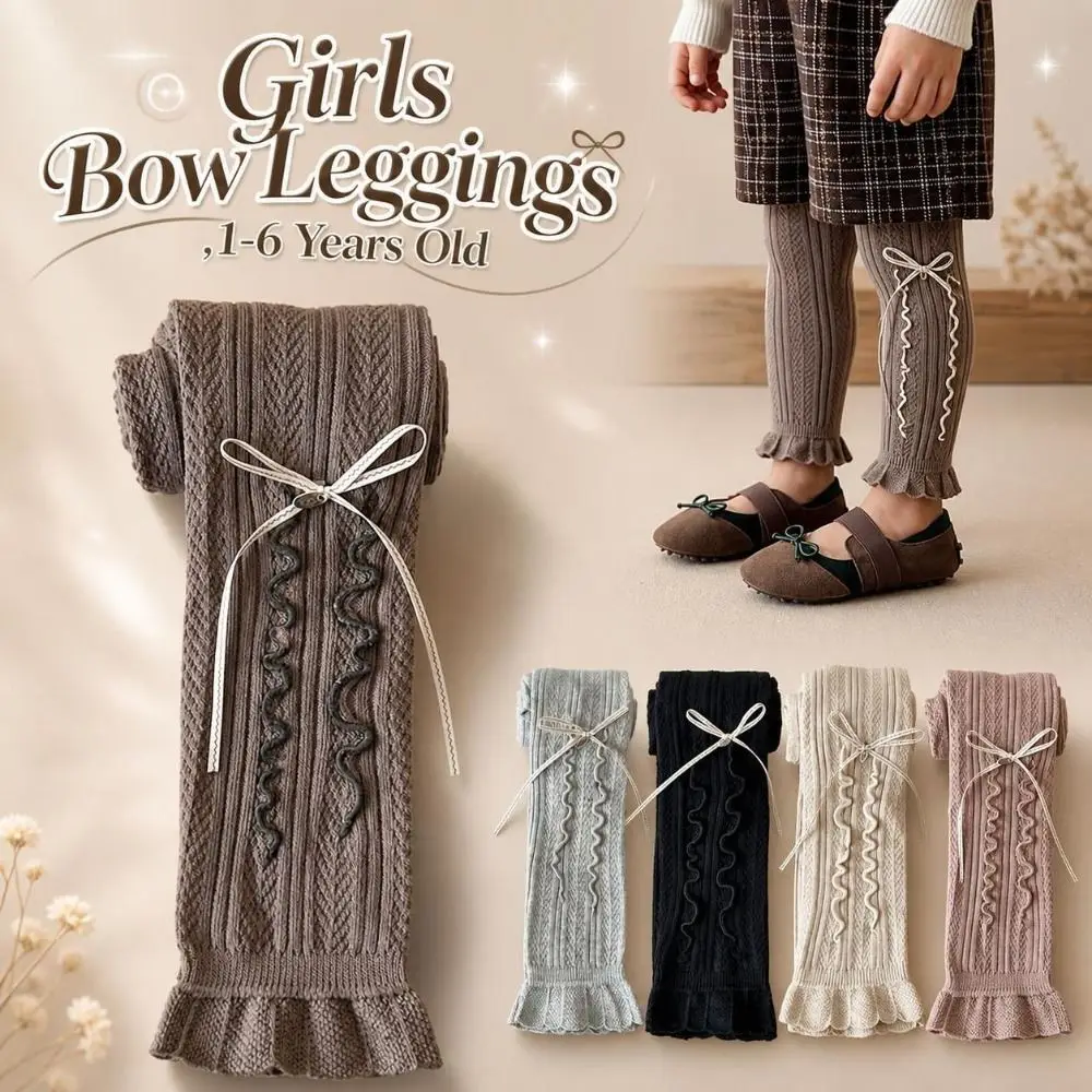 Fashion Ruffled Girls Bow Leggings Knitted Warm Pantyhose Thin Cotton Children Tights 1-6 Years Old view 5