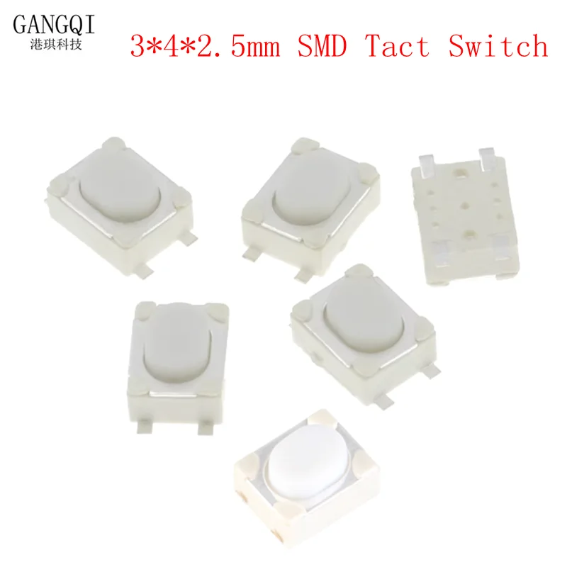 100PCS/LOT 3*4*2.5mm SMD Tact Switch 4 Pin Touch Micro Switch Push Button Switches 3x4x2.5H White Button Car Remote Key Button B