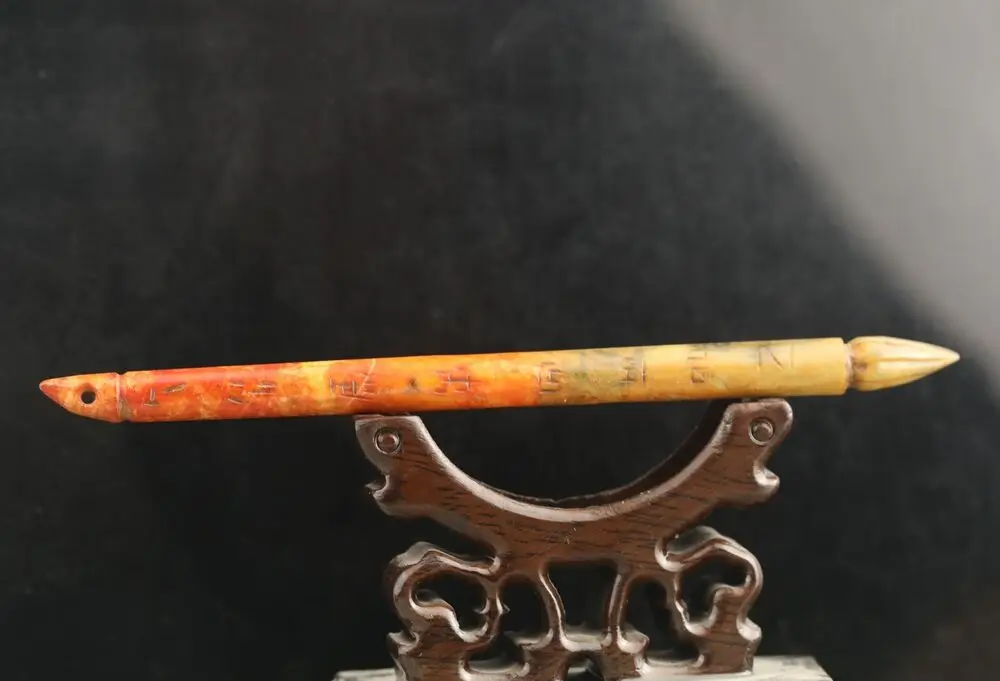 Old natural jade hand-carved statue of ancient words writing brush hairpin